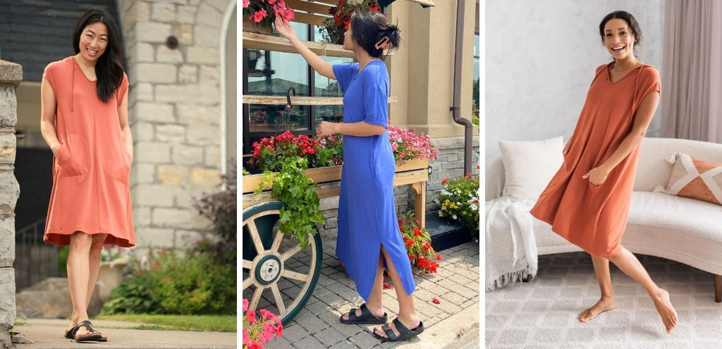 Featuring the A-line Daphne Dress in Brick and the Teagan Bamboo Maxi Dress in Ocean Blue. A woman wears the maxi dress while perusing a flower stand.