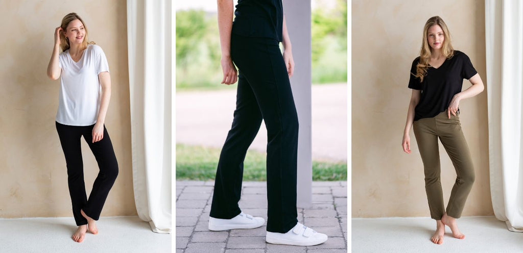 A collage featuring the Emory Pull-on Bamboo Pant from Terrera. An easy, soft pant in Black and Deep Olive.