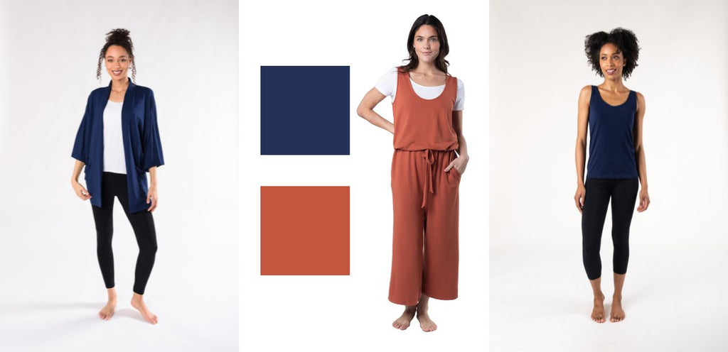 Featuring women's bamboo clothing from Terrera: the Cadence cardigan in Ink blue, the Marlee Cropped Jumpsuit in Brick, and the Seamless Bra Tank in Ink.