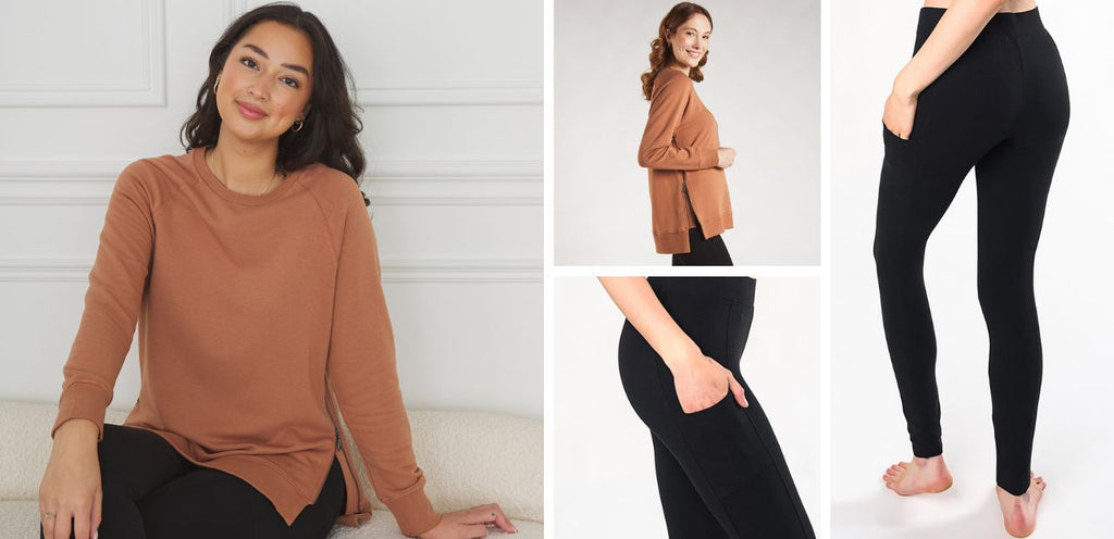 Warm brown toned outfit for women. Bamboo sweatshirt paired with pocket leggings.