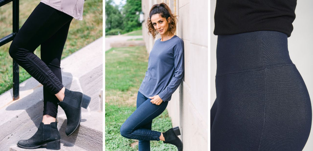 A collage featuring the Kara Ruched Jegging from Terrera, in Black and Blue Denim. Features a thick waistband and ruching at the ankles.