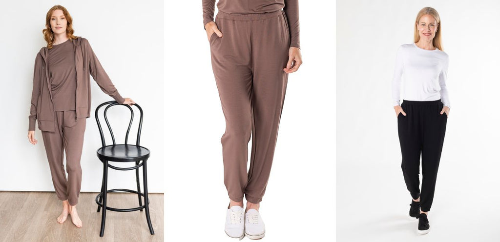 A collage featuring the Kora Tapered Jogger from Terrera in Latte and Black.