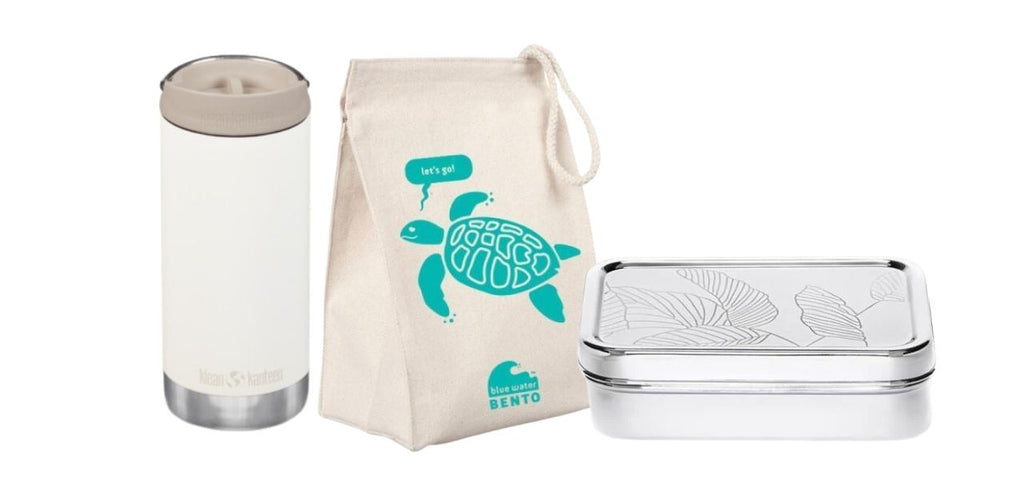 Eco-friendly lunch gear for back to work/school, featuring a stainless steel water bottle, cloth lunch bag and stainless steel lunch box.