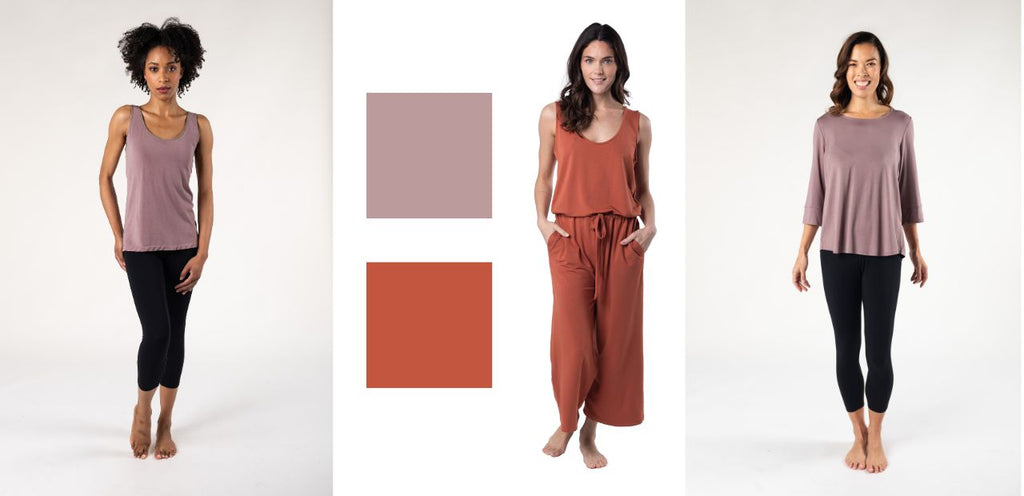 Terrera's bamboo clothing. Featuring: The Seamless Bra Tank and the Diana 3/4 Cuff Sleeve in Mauve Taupe, and the Marlee Cropped Jumpsuit in Brick.