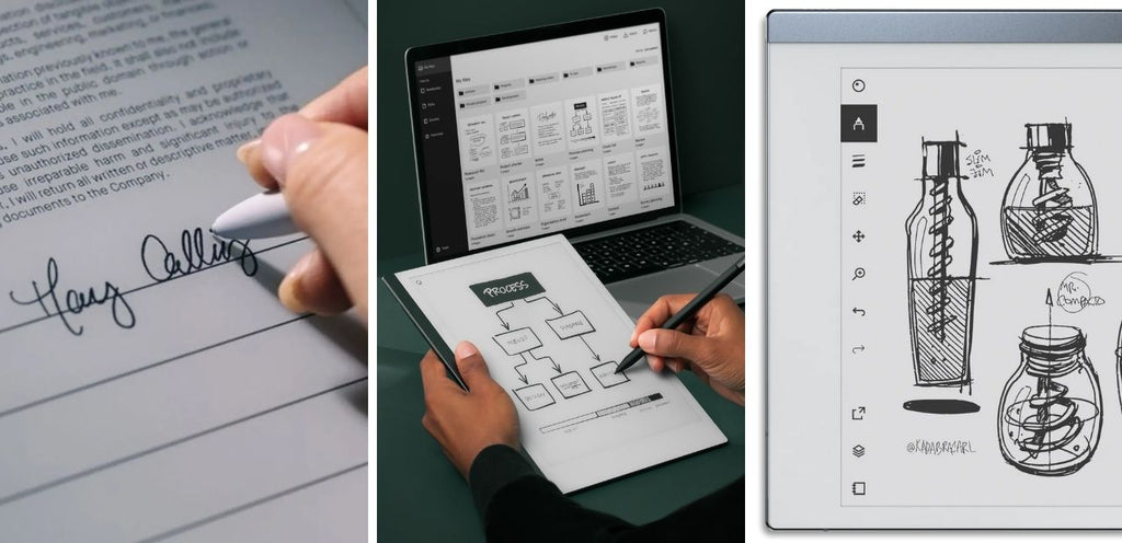 A collage of 3 images featuring the ReMarkable paper tablet. It feels like paper when you write on it and allows you to save notes electronically.