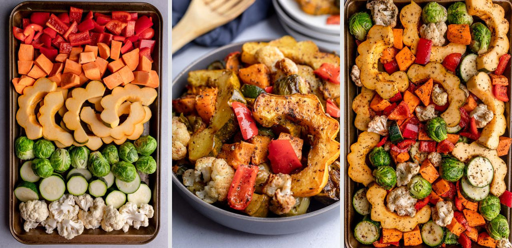 Colourful roasted veggies are featured, including red peppers, butternut and acorn squash, brussel sprouts, zucchini, and cauliflower.