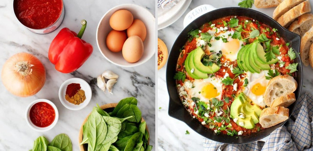 A collage of 2 images featuring the ingredients for shakshuka and the finished product on the right. The ingredients include eggs, red pepper, crushed tomatoes, onion, garlic, spinach and spices. The finished shakshuka sits in a skillet and is topped with fresh avocado slices.