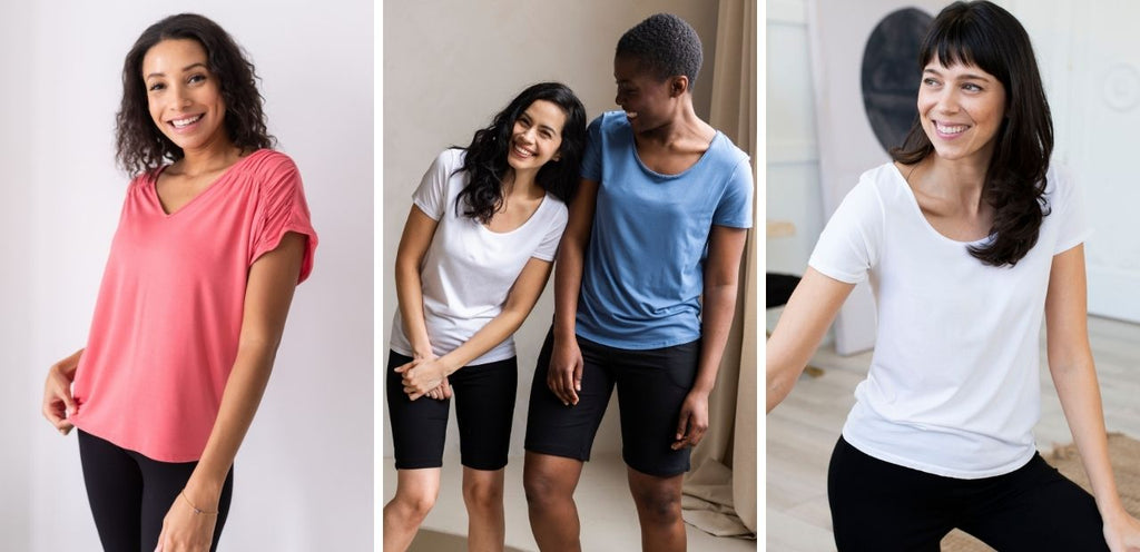 A collage of 3 different bamboo t-shirts, including the Alicia V-Neck Bamboo Tee in a bright Coral colour, the Brenda U-Neck Bamboo Tee in White and Coast Blue, and the Lia Seamless Bamboo Tee in White.