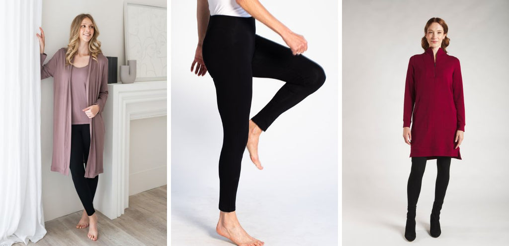 A collage of 3 images featuring the Terry Legging from Terrera in Black. Wear it under a sweatshirt dress or as loungewear.