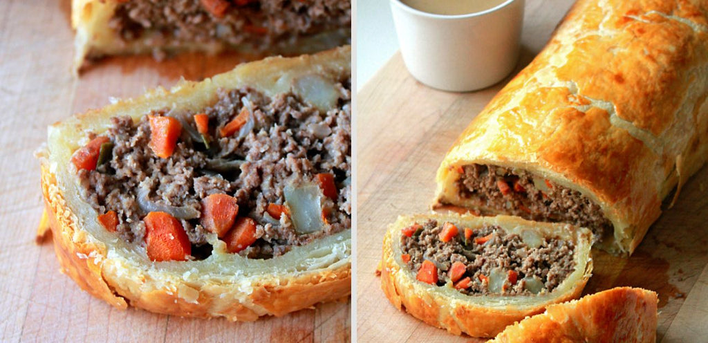 Closeup images of a ground beef wellington, including minced beef, potato, carrots and peas, wrapped in golden puff pastry.