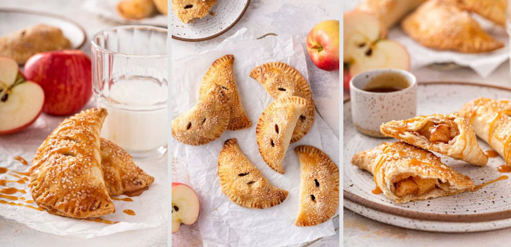 Three images showcase apple hand pies, with diced, stewed apple in a flaky, buttery crust.