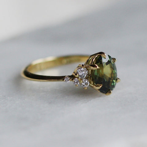 Green Sapphire and Diamond Cluster Engagement Ring