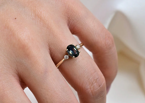 Wild Fawn Jewellery recycled solid gold green sapphire and lab grown diamond engagement ring 