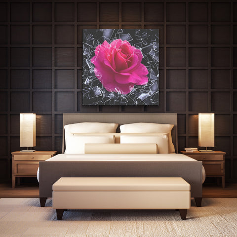 Rose Art on Wrapped Canvas hanged on the wall on top of bed. Original Photography by Maria Desnoyers