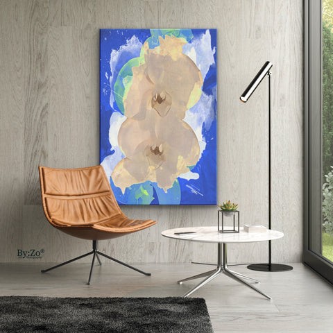 Orchid Art derived from Original Photography and Photo Editing on Canvas Print hanged on wall in a mock up home design.