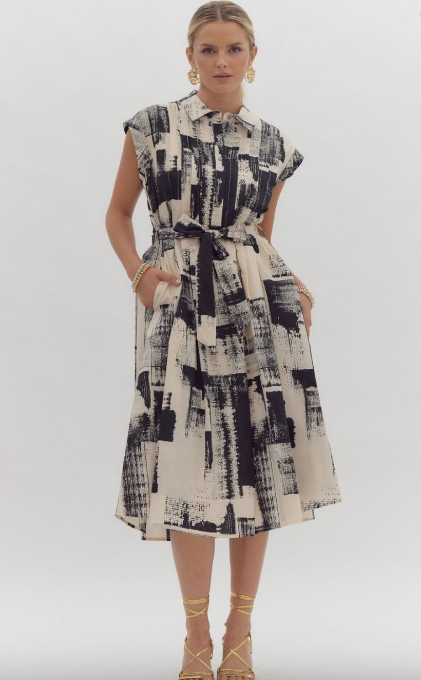 Abstract Print Tie Waist Midi