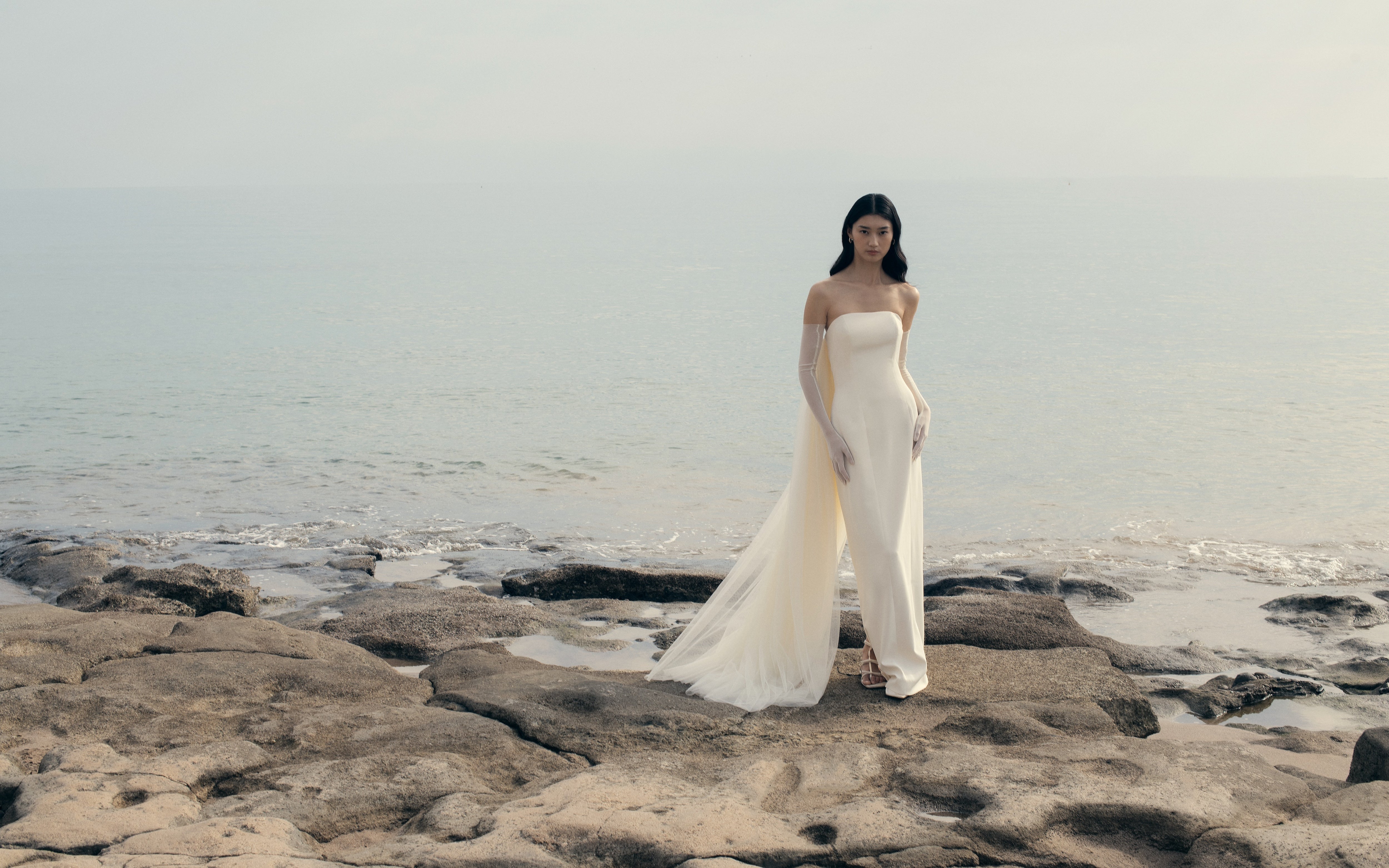 Strapless Crepe Gown with Tulle Train