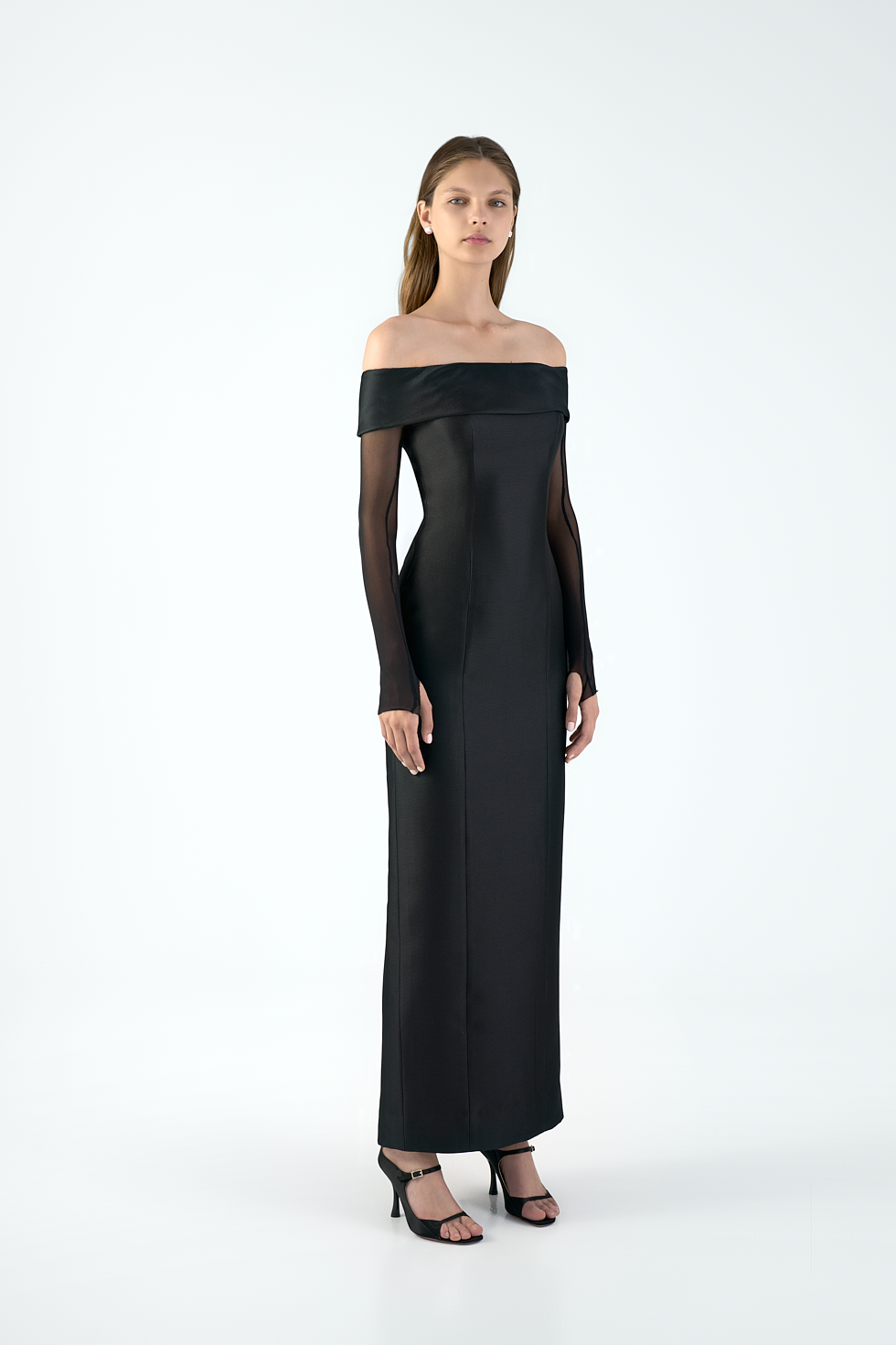 Off Shoulder Mikado Pique Gown with Tulle Sleeve