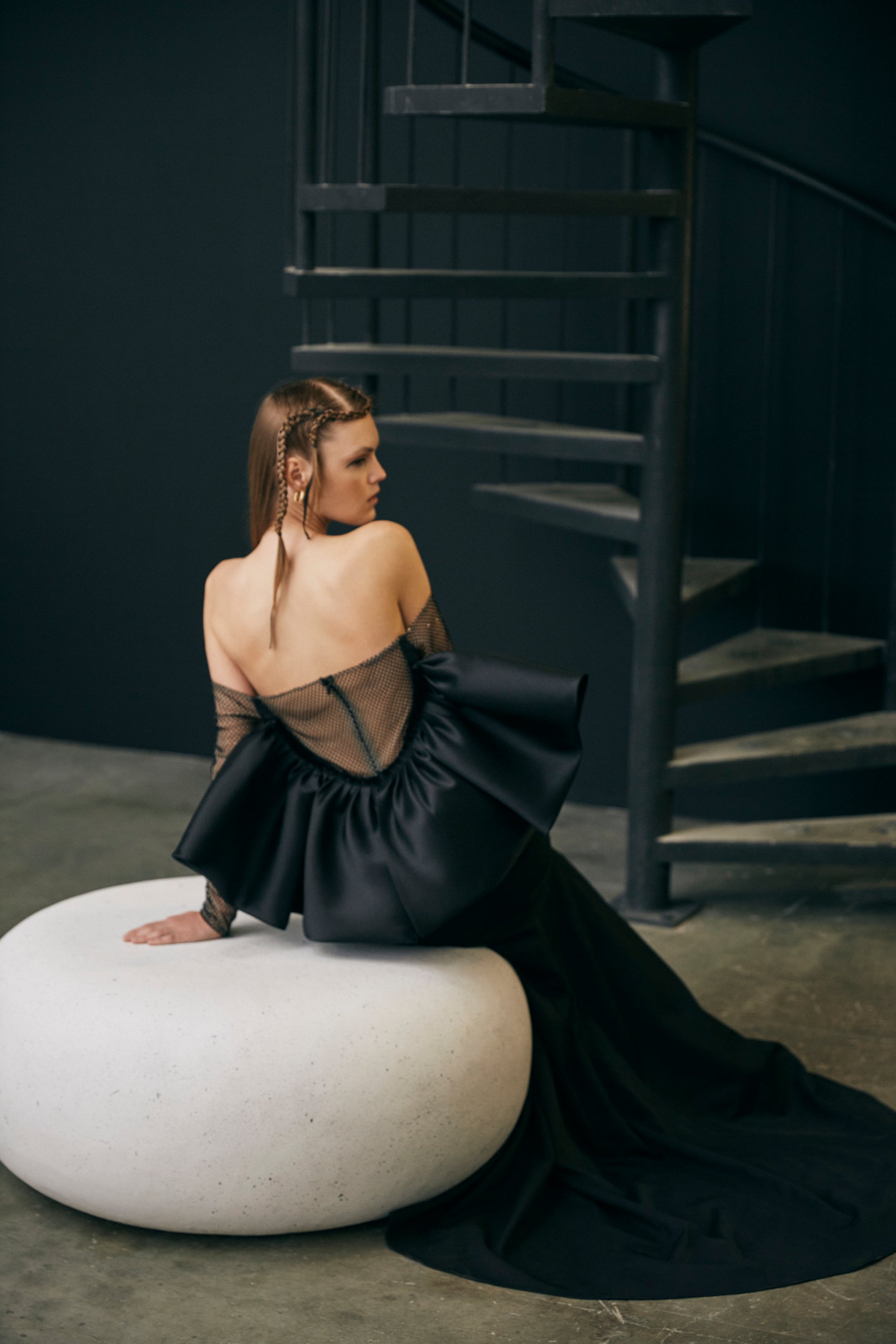 Off shoulder mermaid gown with statement back and rhinestone net sleeve and tulle sleeve