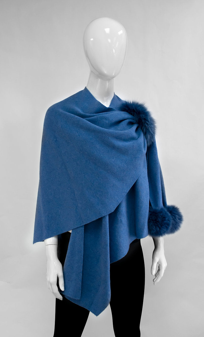 Wool Knitted Wrap With Pull Trough Loop & Fox Poms - Denim Blue