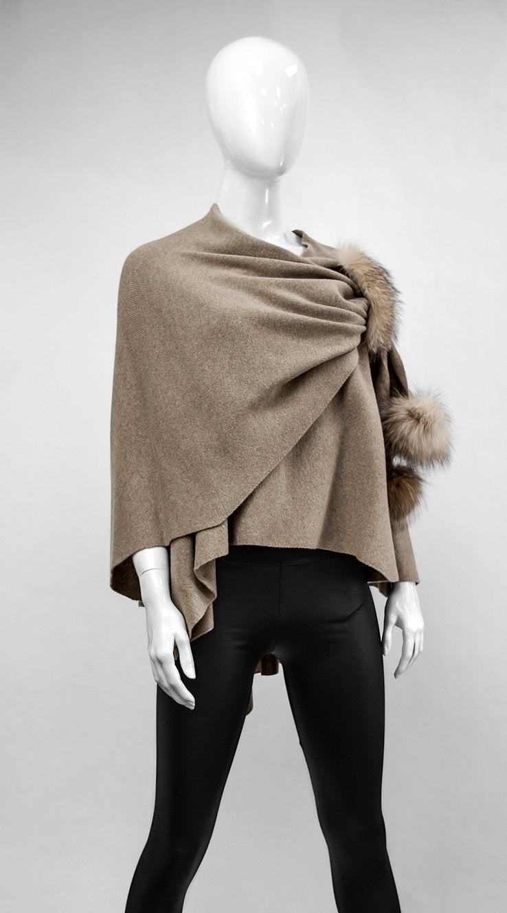 Wool Knitted Wrap With Pull Trough Loop & Fox Poms - Beige