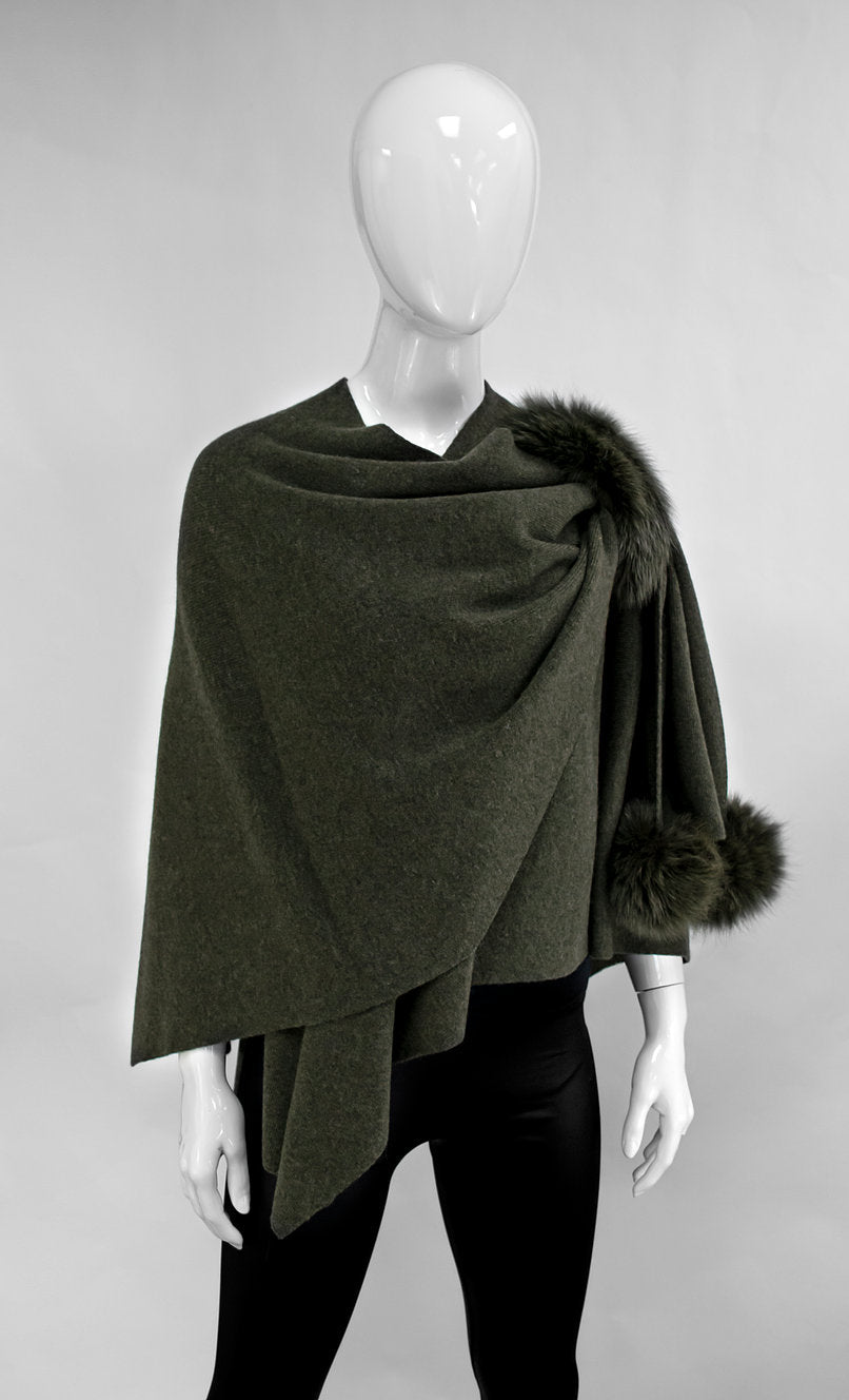Wool Knitted Wrap With Pull Trough Loop & Fox Poms - Khaki