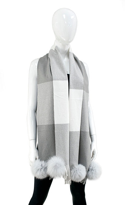 Light Grey Color Block Woven Scarf With Fox Poms