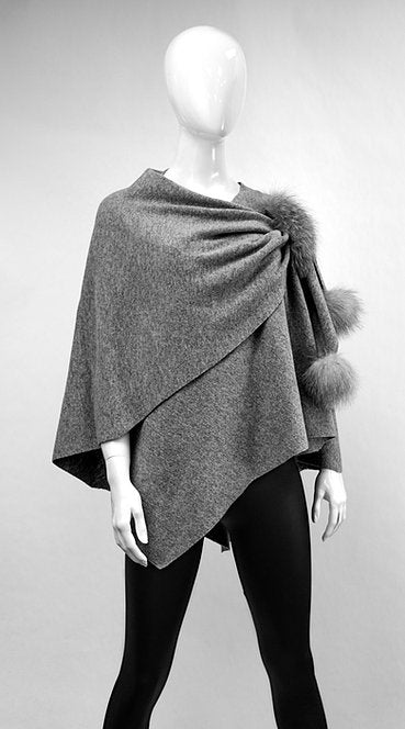 Wool Knitted Wrap With Pull Trough Loop & Fox Poms - Light Grey