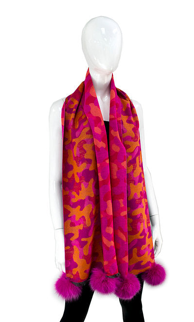 Fucshia Camo Print Woven Scarf With Fox Poms