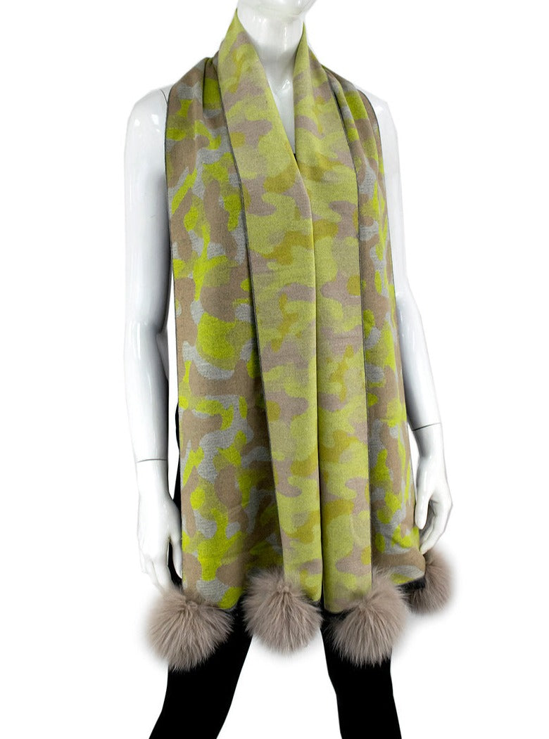 Lime Camo Print Woven Scarf With Fox Poms