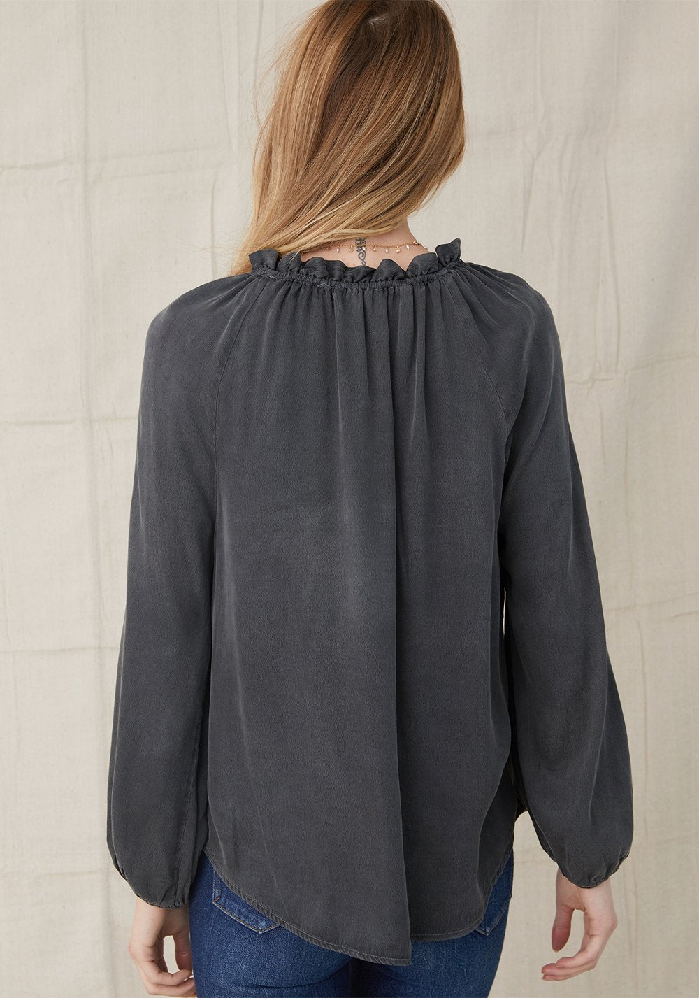 Raglan Sleeve Shirred Neck Top - Black