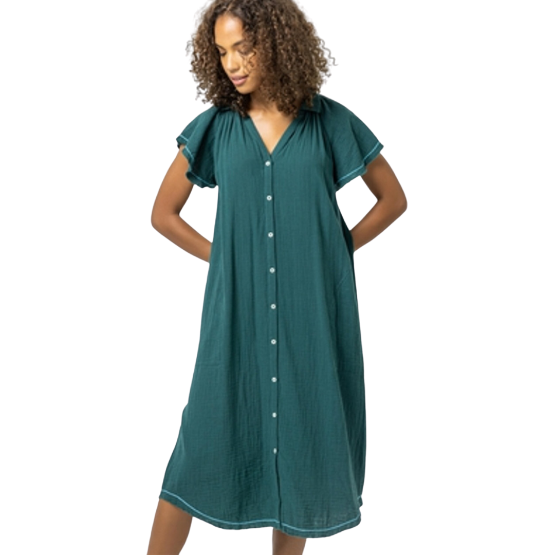 Lilla P Short Sleeve Gauze Button Down Dress- Sea Moss — Two Friends