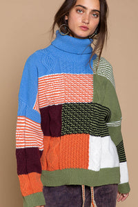 POL Full Size Color Block Turtleneck Dropped Shoulder Sweater