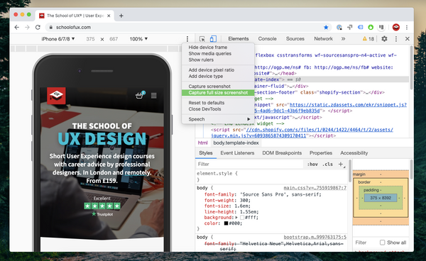 Screenshot of Chrome browser Developer Tools taking full-size screenshot in mobile