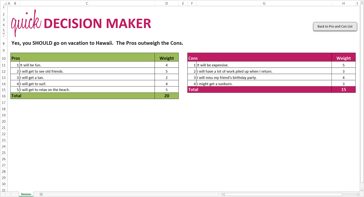 How To Use The Quick Decision Maker Savvy Spreadsheets