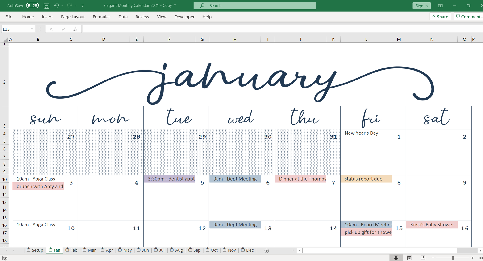 Elegant Monthly Calendar Excel Template Savvy Spreadsheets