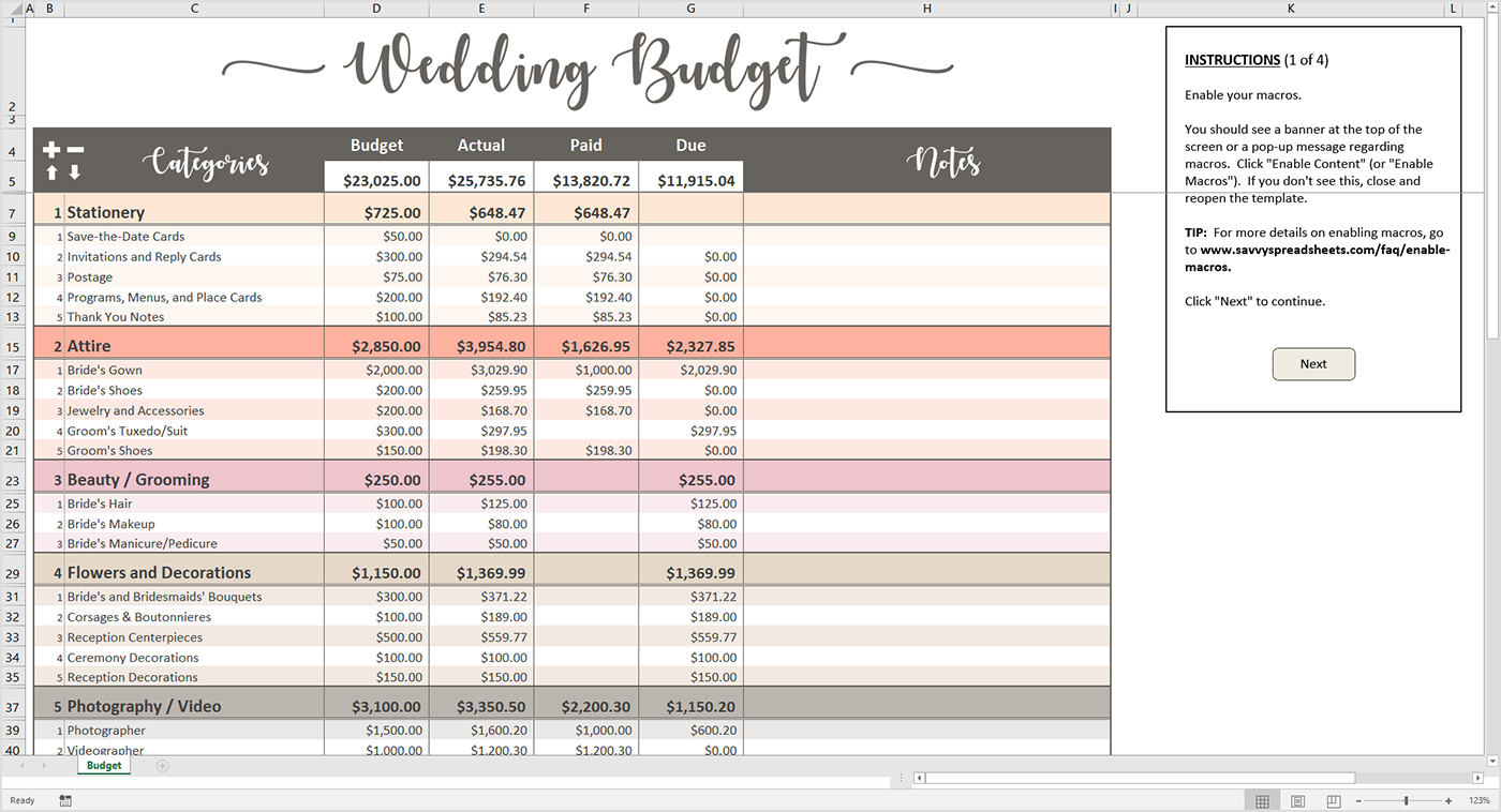 Peachy Wedding Budget Excel Template Savvy Spreadsheets