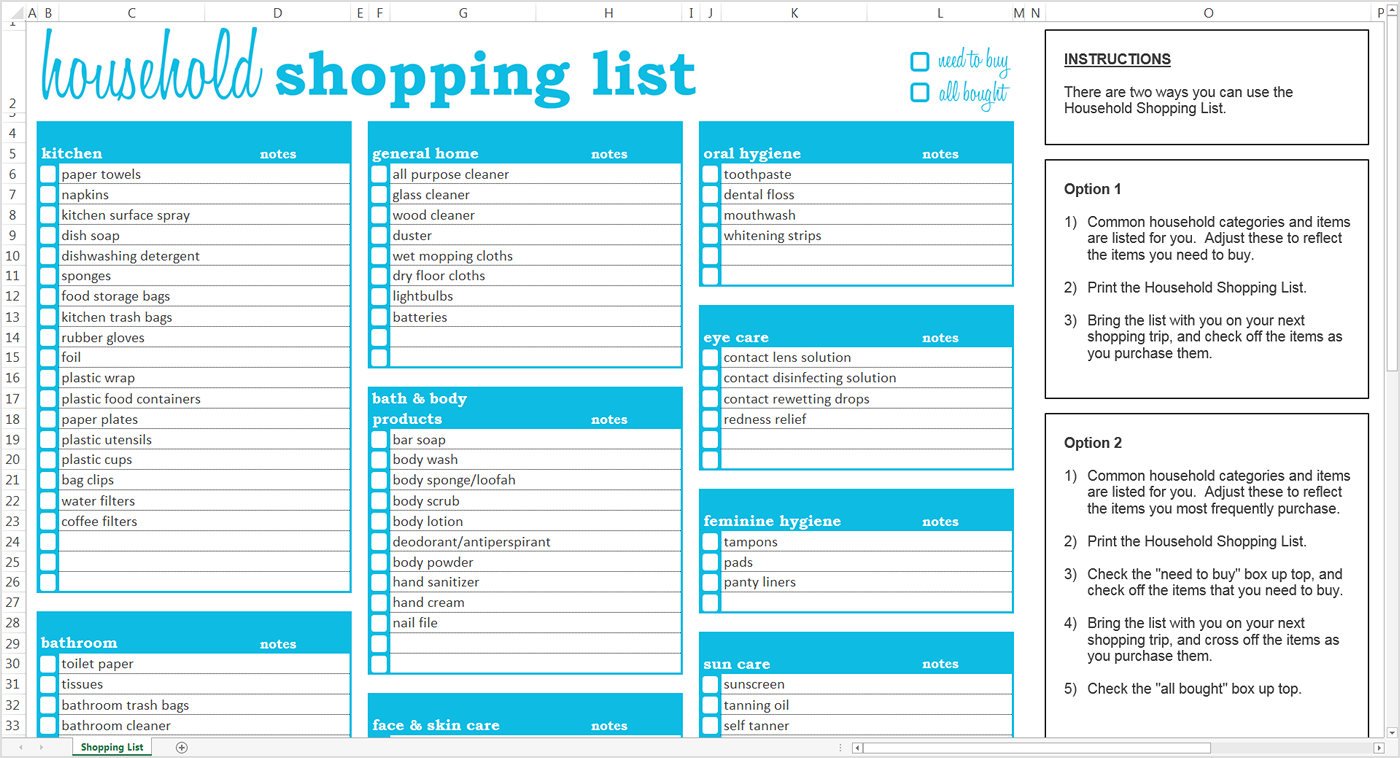 Household Shopping List Excel Template – Savvy Spreadsheets