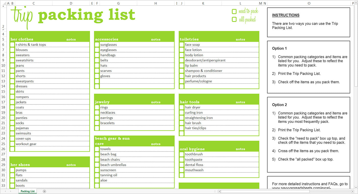 trip packing list excel template savvy spreadsheets