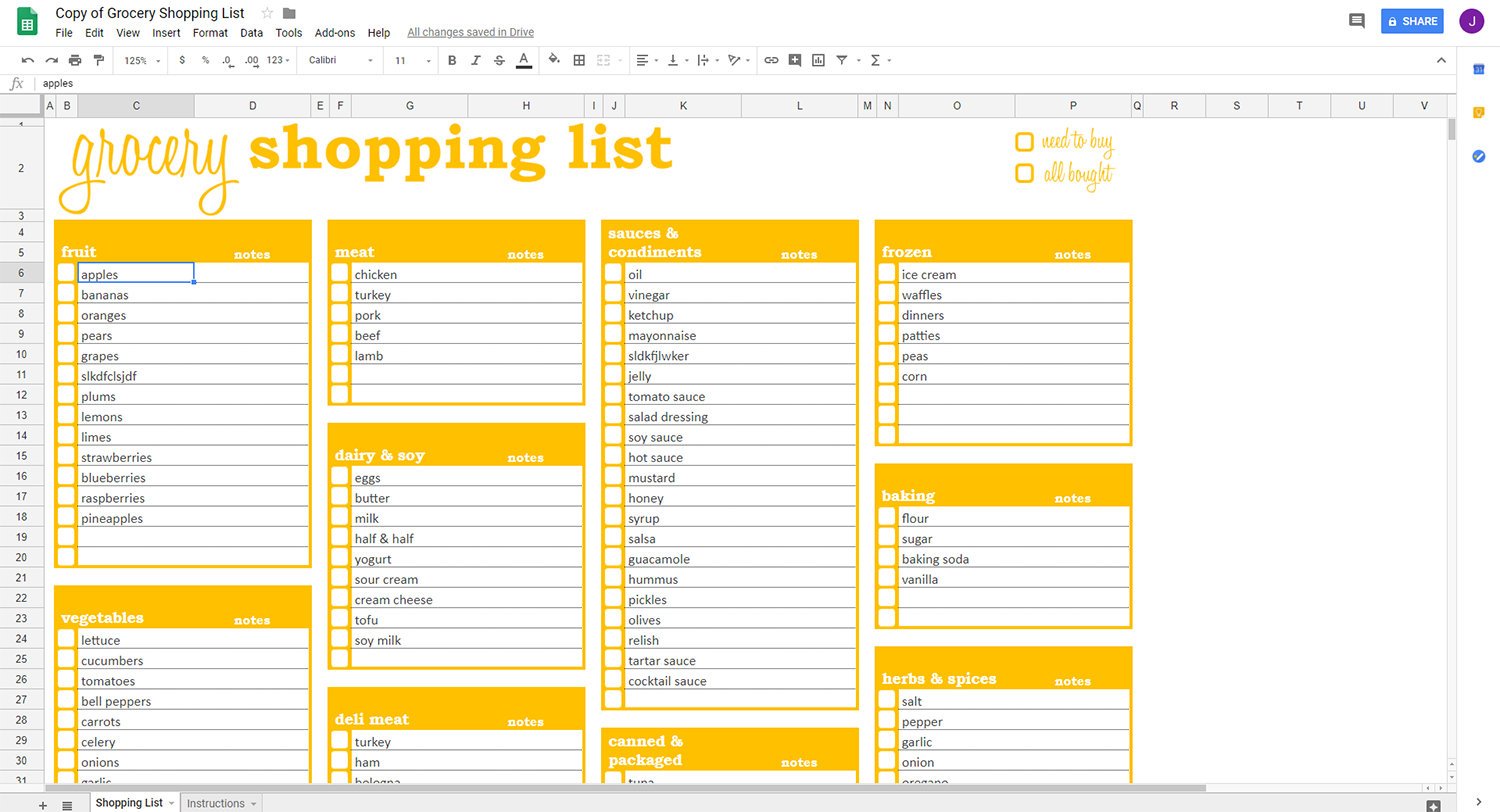 Google Docs Grocery List Template