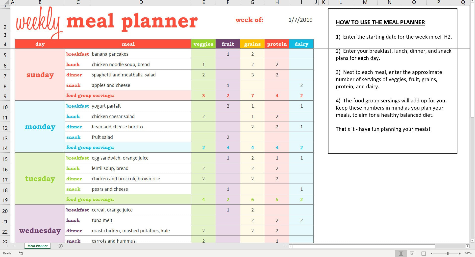 meal and budget planner template excel