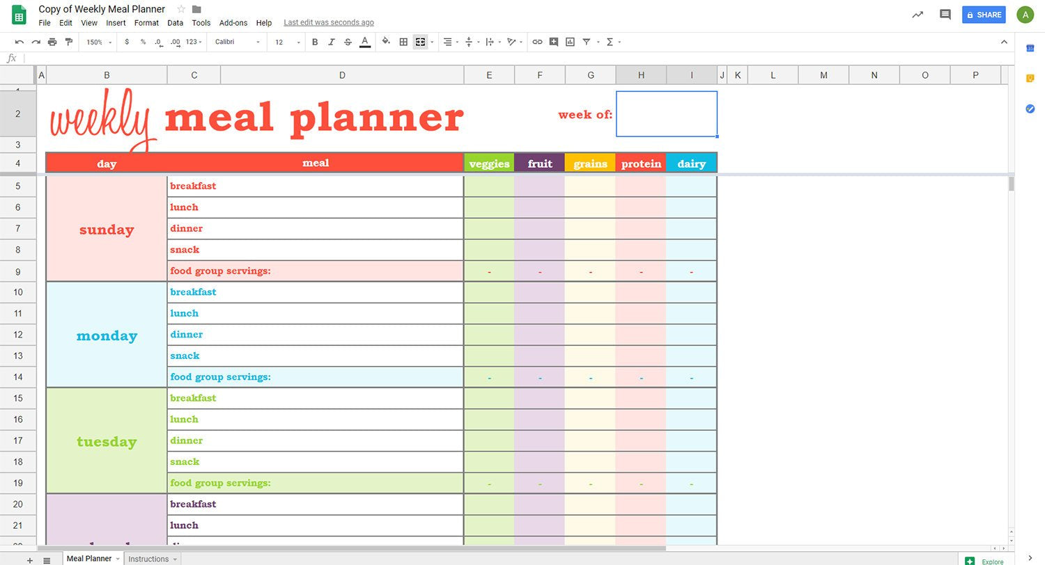 google sheet meal plan editable