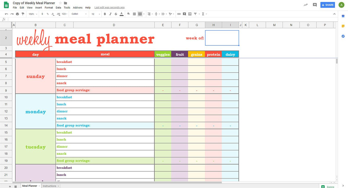 Weekly Meal Planner Google Sheets Template Savvy Spreadsheets