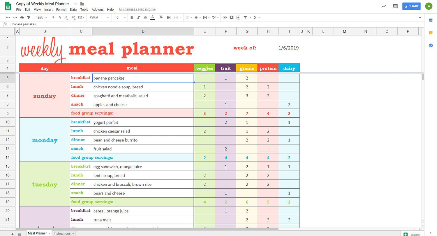 Meal Planning Template Google Sheets Free Download