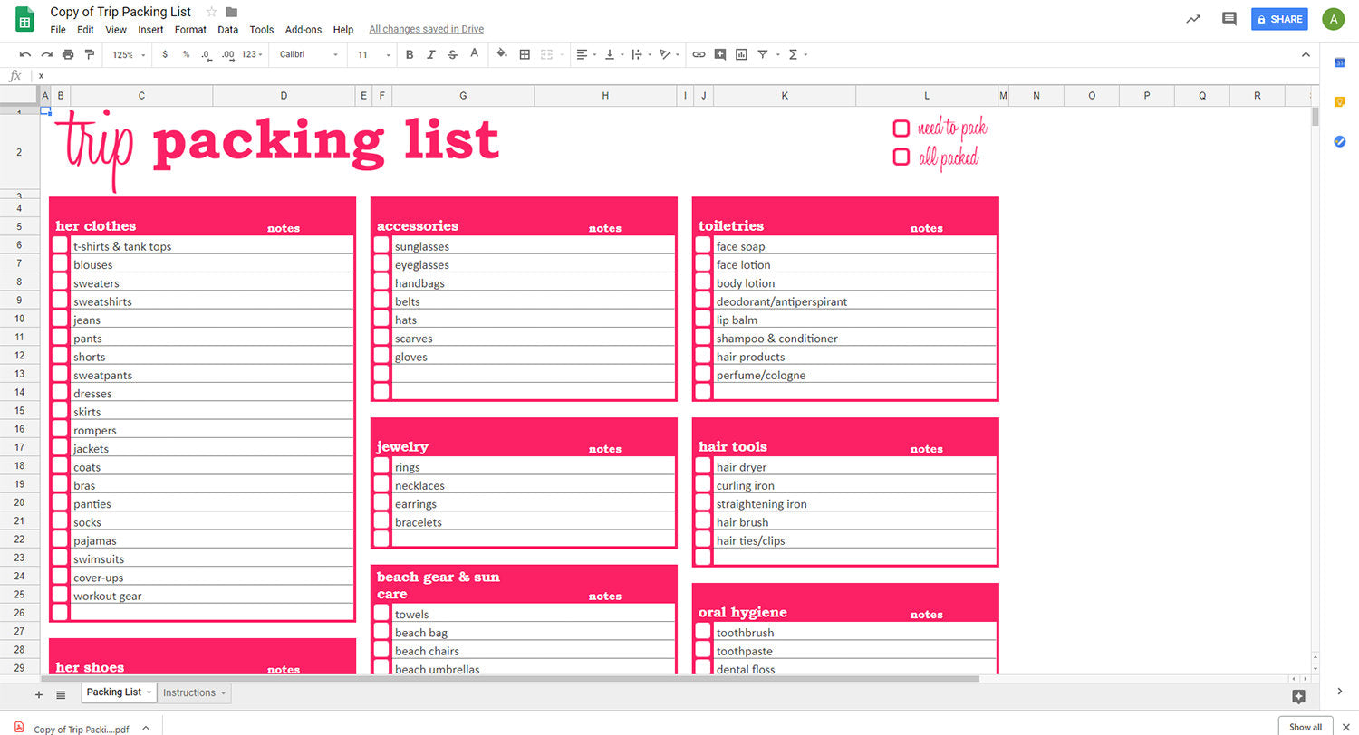 Google Sheets Packing List Template