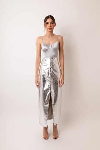 Lupe Silver Metallic Maxi Skirt