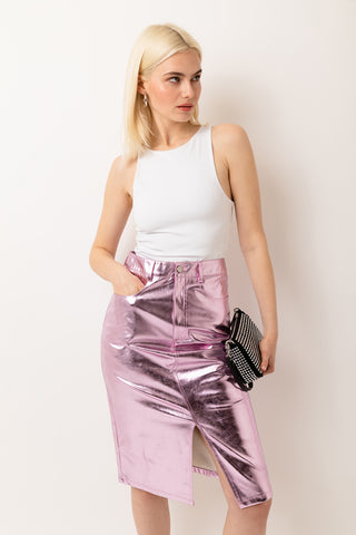 Lupe Ice Pink Metallic Midi Skirt