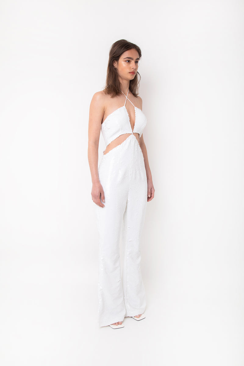 white shimmer jumpsuit