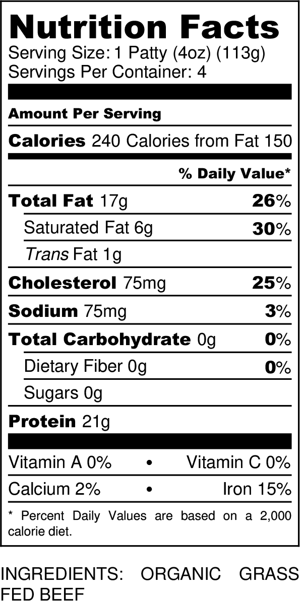 Organic Grass-fed Burger Patties nutritional facts label