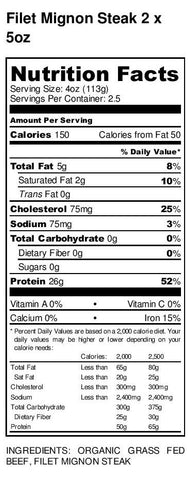 Organic Grass-fed filet mignon nutritional facts label